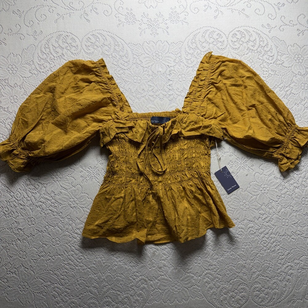 Indigo Rising Blouse Womens XL Yellow Smocked Cropped Balloon Sleeve Ruffle